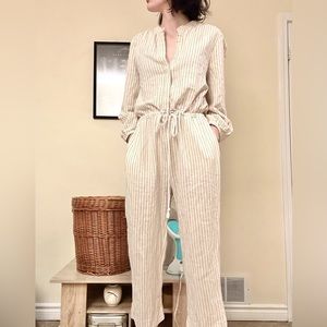Anthropology Trovata Bird of paradis white striped linen jumpsuit